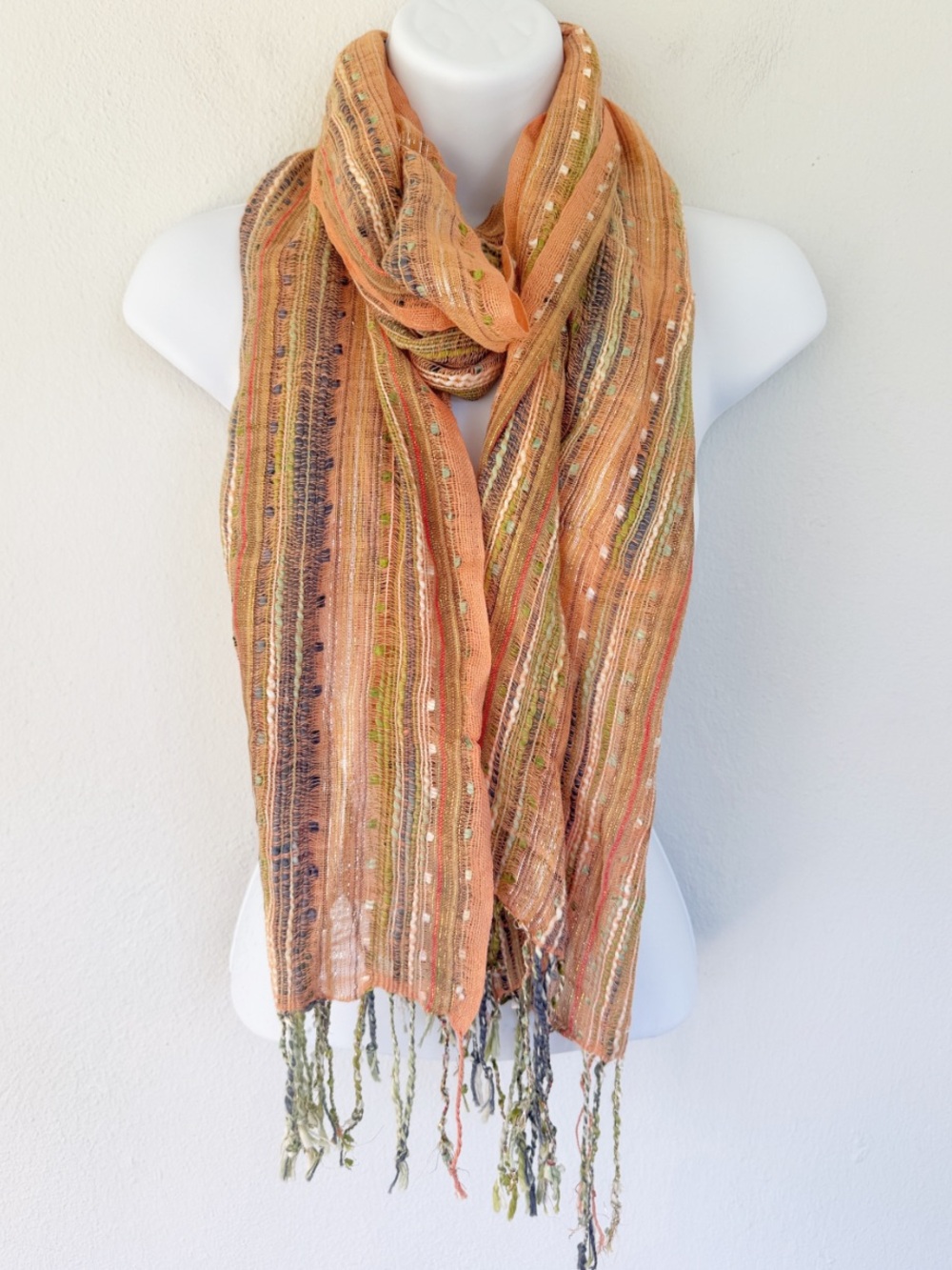 Light peachy orange and metallic silver sparkle woven tassel fringe scarf OS